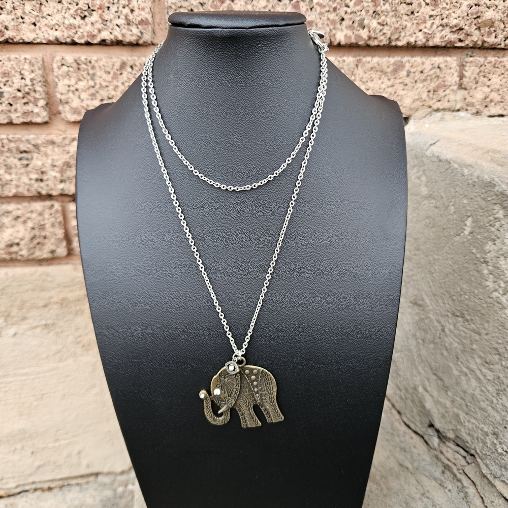 American Eagle Silver and Gold Elephant Charm Necklace Eye Rhinestone Jewelry